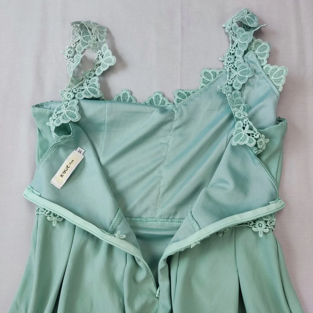 X-YUE Dress Women Medium Mint Green Lace Trim Sleeveless Fit Flare Cocktail Mini